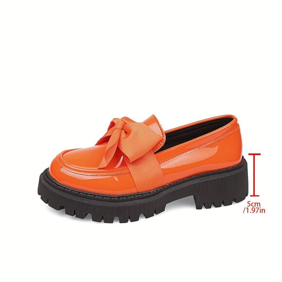 Orange Patent Platform Loafers with Bow | Chunky Lug Sole Slip-On Statement Shoe - Picture 6 of 7